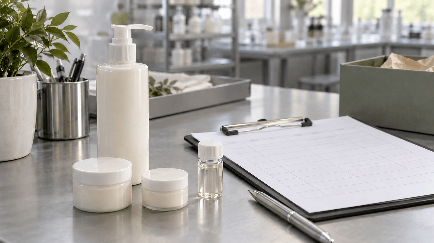 Representative cosmetic preservation-testing dossier with sealed sample containers, an ingredient vial and blank procurement checklist