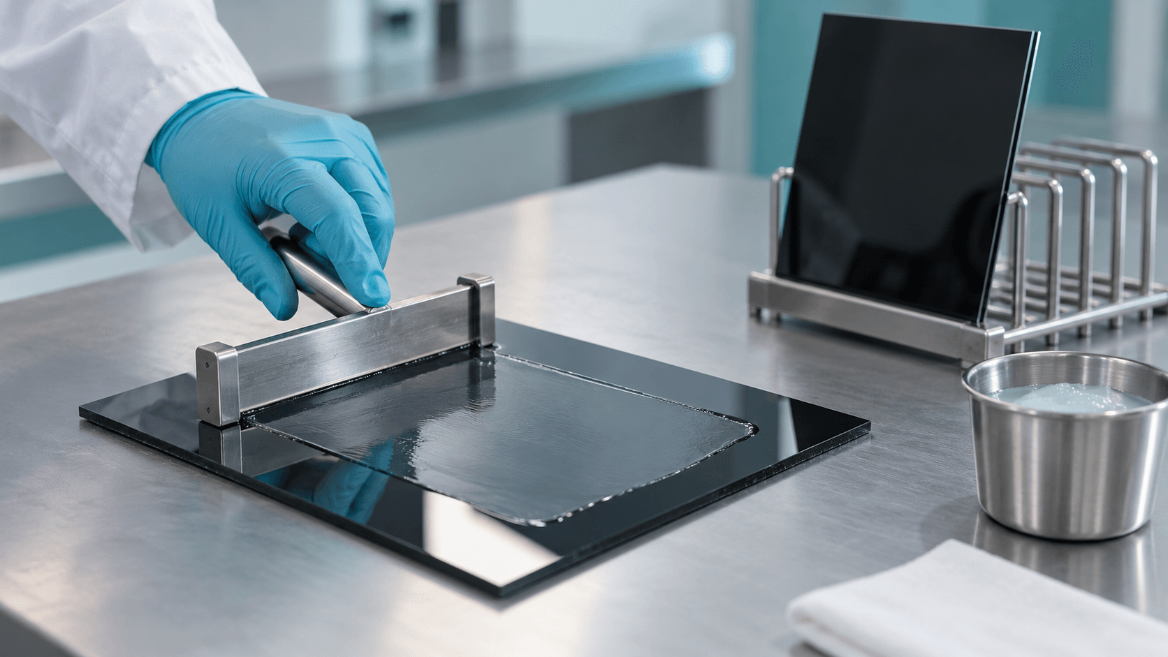 Representative cosmetic film evaluation with a gloved hand, film applicator, black glass plates and a neutral base
