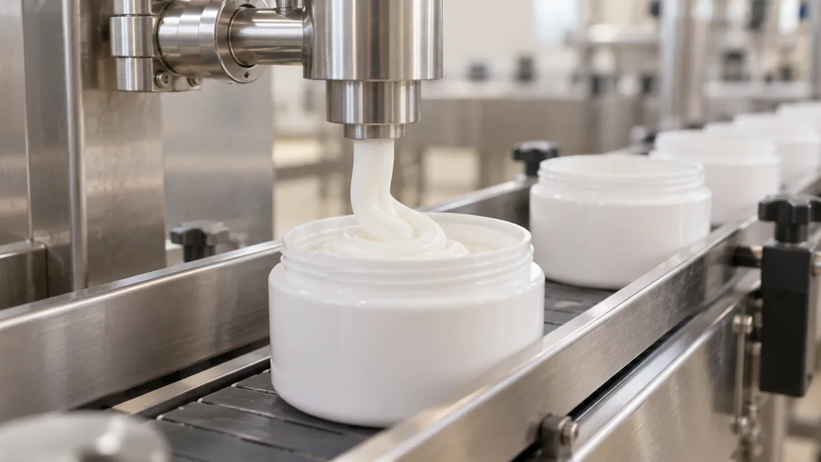 Representative cosmetic cream filling nozzle and plain jars on a stainless conveyor