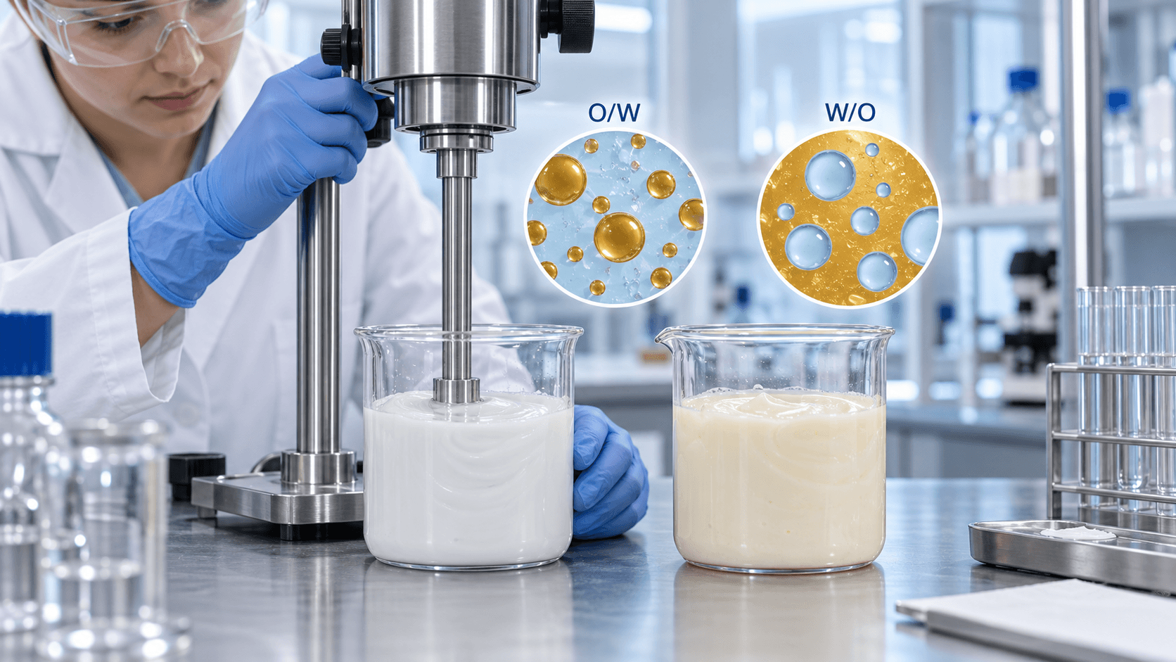 Illustration of O/W and W/O phase structures and laboratory emulsification