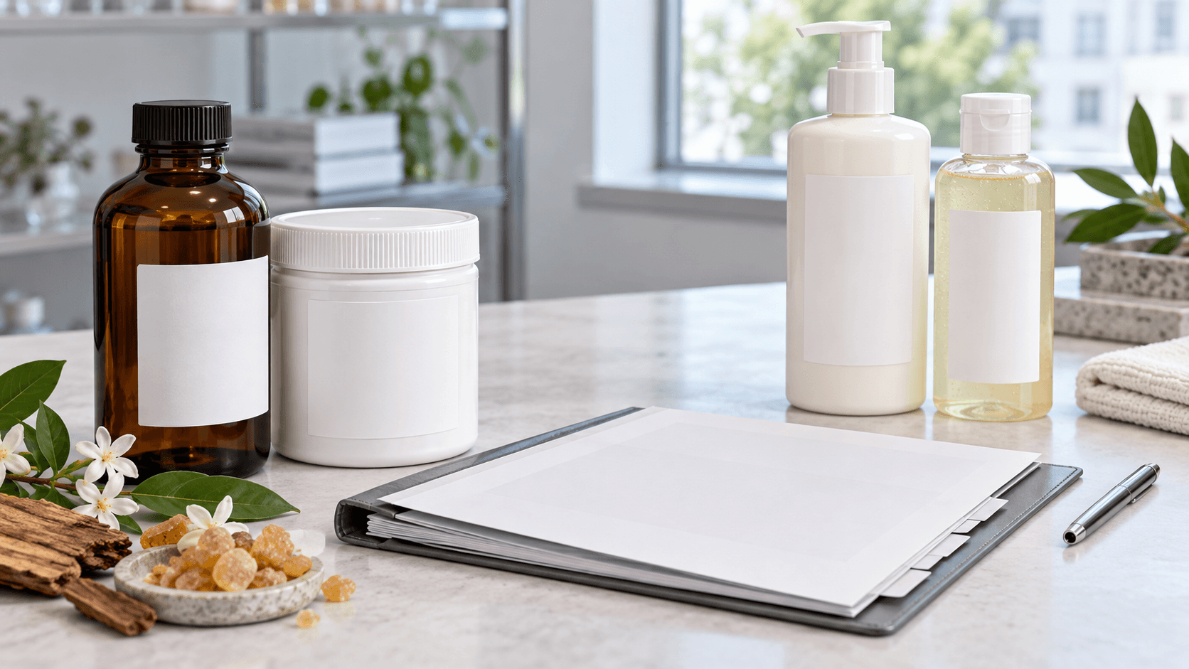 Representative ingredient containers, finished cosmetic packaging and ingredient-document folder