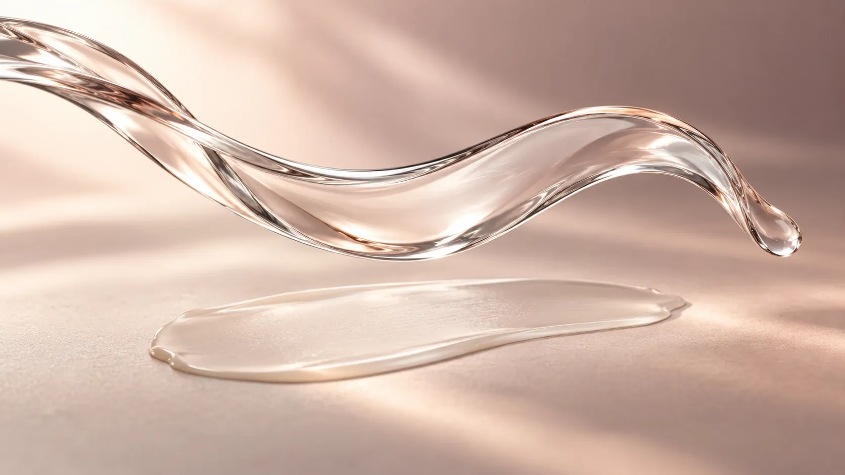 Editorial clear fluid ribbon over a neutral film swatch; not a measured gloss comparison